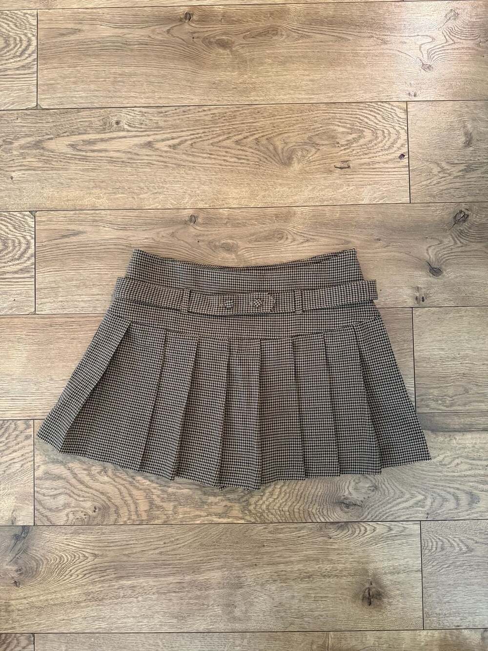 Zara Brown Houndstooth Pleated Belted Mini Skort